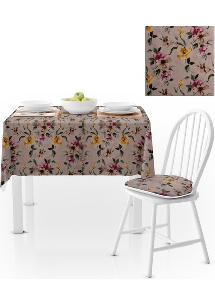 Sulu Boya Desenli Çiçekli Sarı Vizon Masa Örtüsü 140x140