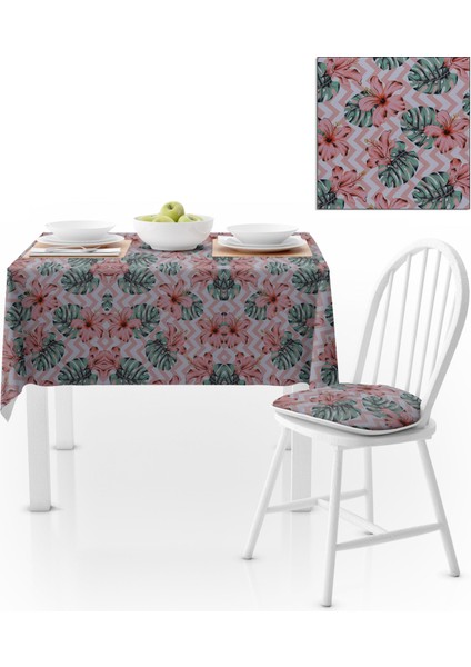 Çiçek Desenli Pembe Beyaz Zigzag Zemin Pembe Yeşil Masa Örtüsü 140x140