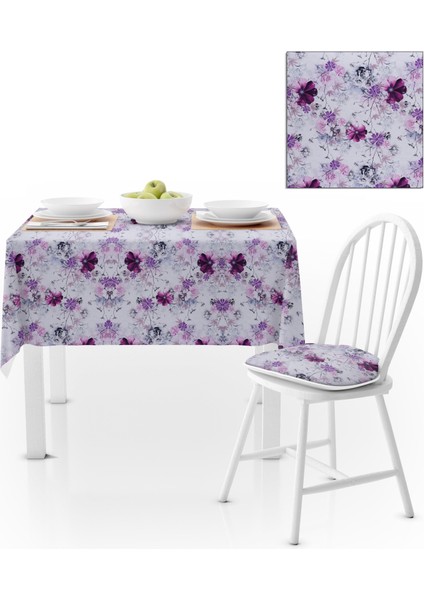 Renkli Çiçek Desenli Mor Mürdüm Kadife Dokulu 180x220 Masa Örtüsü