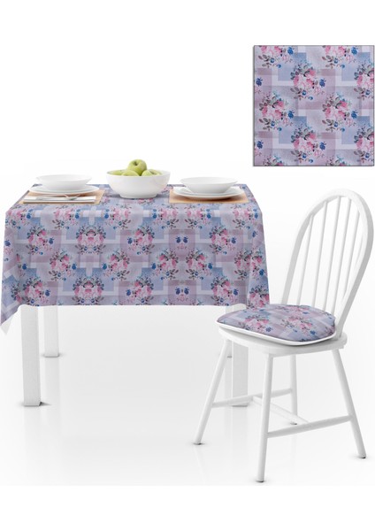 Gül Desenli Gri Mavi Gül Kurusu Kadife Dokulu 120x180 Masa Örtüsü