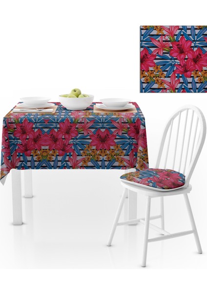 Zambak Desenli Mavi Kırmızı Masa Örtüsü 140x140
