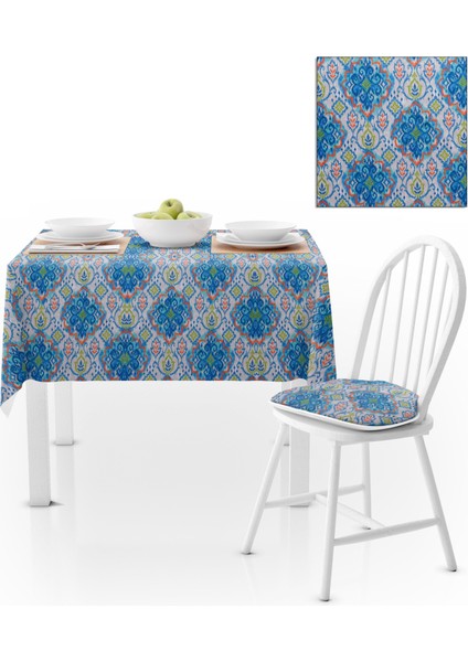 Modern Damask Desenli Mavi Turkuaz Kadife Dokulu 140x180 Masa Örtüsü