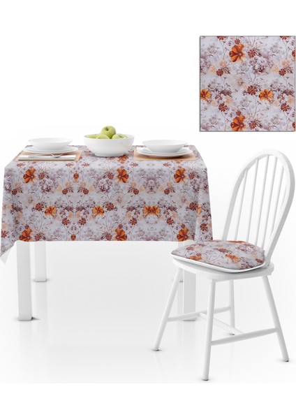 Renkli Çiçek Desenli Turuncu Kahve Kadife Dokulu 180x220 Masa Örtüsü
