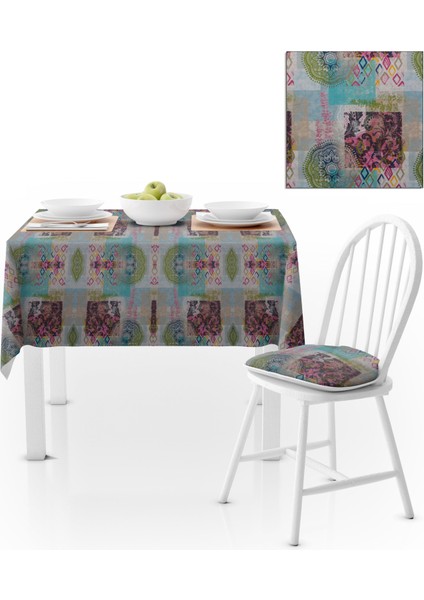Patchwork Desenli Motifli Turkuaz Pembe Masa Örtüsü 140x220