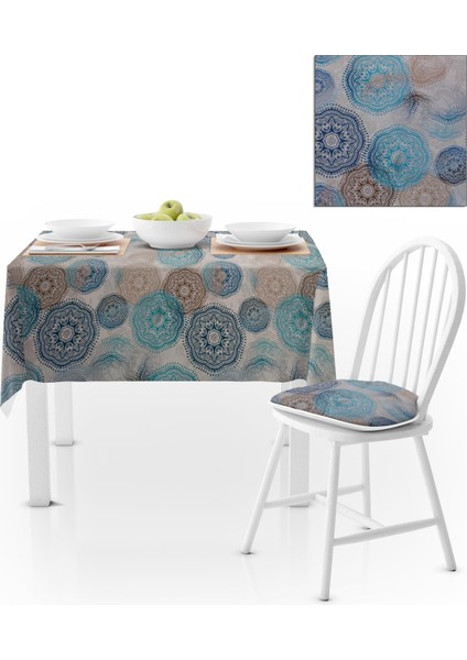 Geometrik Desenli Yuvarlak Motifli Turkuaz Vizon Masa Örtüsü 140x220
