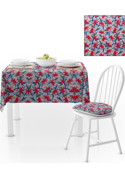 Zambak Desenli Beyaz Zemin Kırmızı Mavi Masa Örtüsü 140x140