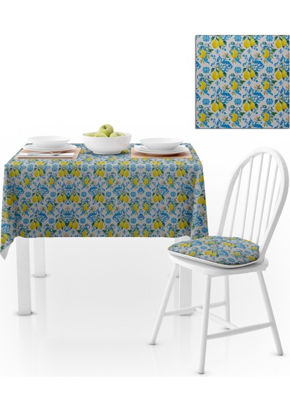Limon Ağacı Desenli Sarı Mavi Masa Örtüsü 140x180