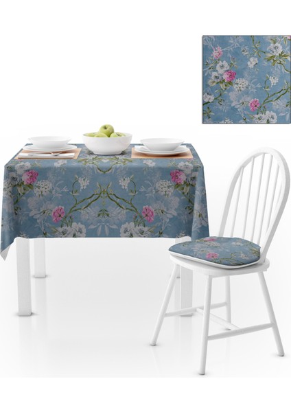 Sarmaşık Çiçek Desenli Mavi Zemin Pembe Masa Örtüsü 140x220