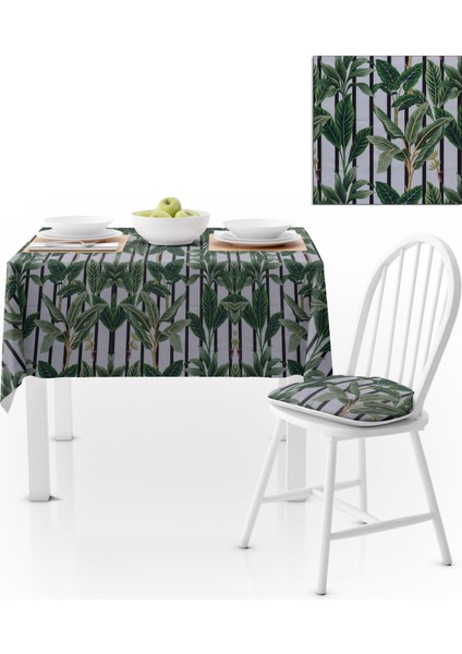 Büyük Yaprak Desenli Kahverengi Çizgili Zemin Yeşil Masa Örtüsü 140x180