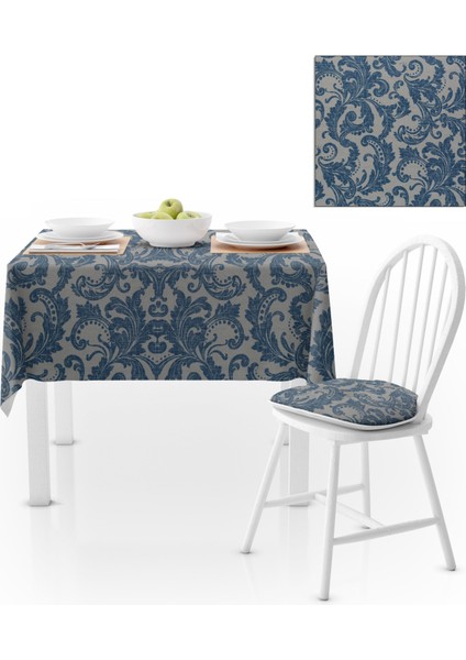 Şal Desenli Eskitme Kot Baskılı Mavi Masa Örtüsü 140x220