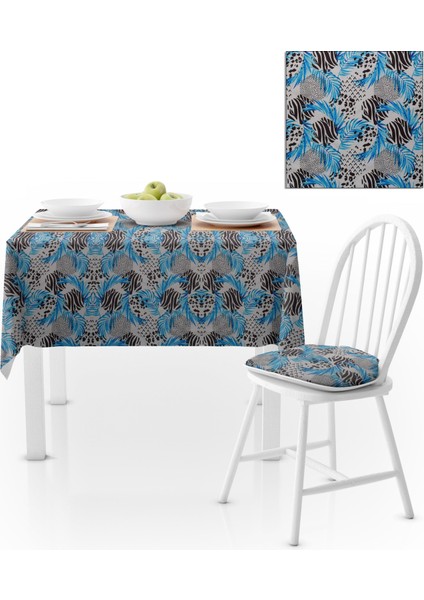 Yaprak Desenli Mavi Siyah Beyaz Masa Örtüsü 140x180