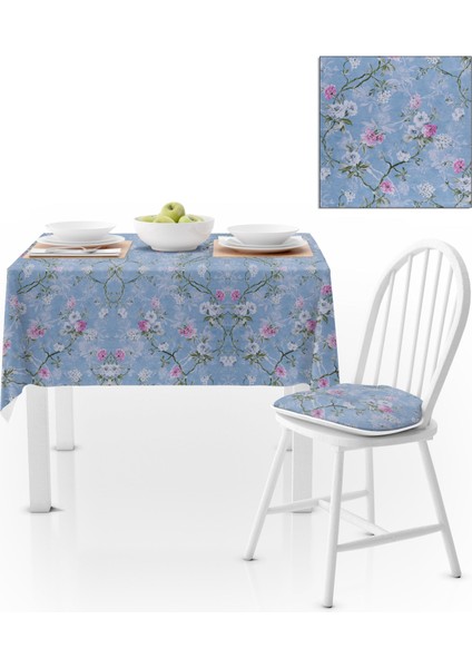 Sarmaşık Çiçek Desenli Mavi Pembe Kadife Dokulu 140x180 Masa Örtüsü