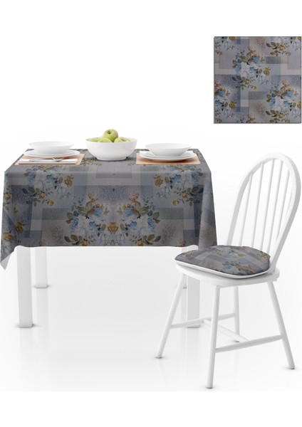 Motifli Gül Desenli Renkli Zemin Mavi Hardal Masa Örtüsü 120x140
