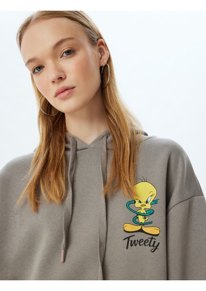 Tweety Oversize Sweatshirt Kapüşonlu Arkası Baskılı Lisanslı