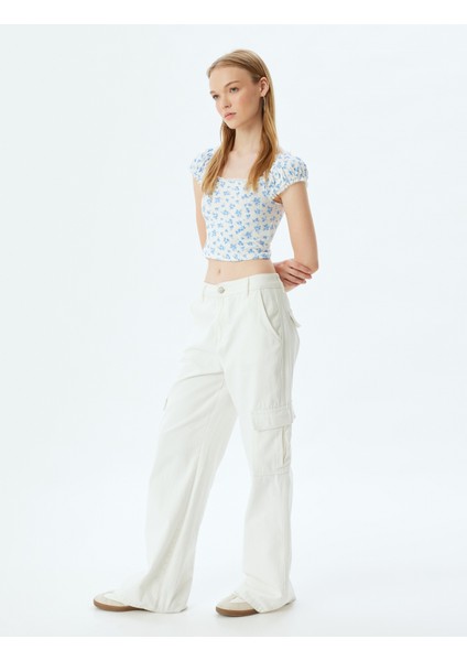 Crop Üst Fırfırlı Kısa Kollu Çiçek Desenli Kare Yaka Slim Fit