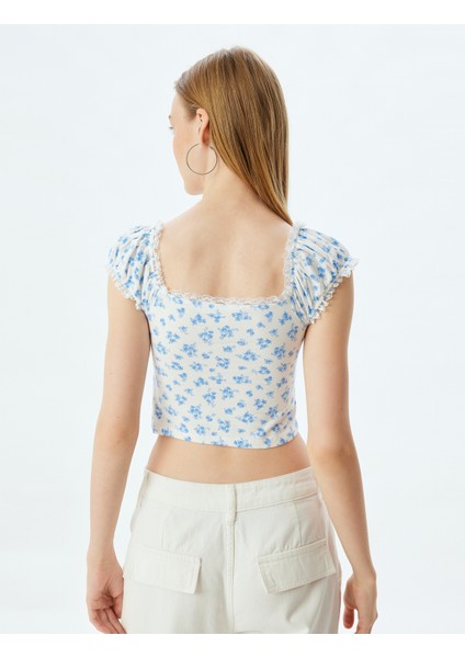 Crop Üst Fırfırlı Kısa Kollu Çiçek Desenli Kare Yaka Slim Fit
