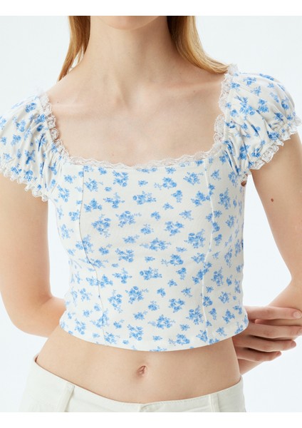 Crop Üst Fırfırlı Kısa Kollu Çiçek Desenli Kare Yaka Slim Fit