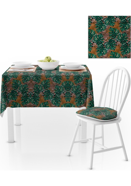 Yeşil Yaprak Desenli Leopar Zemin Masa Örtüsü 140x180
