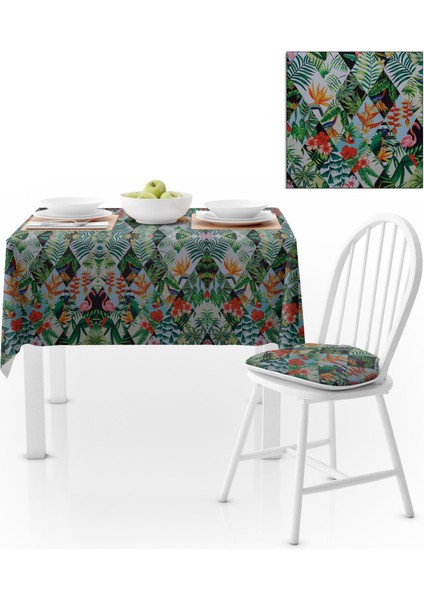 Flamingo Papağan Desenli Baklava Dilimli Yeşil Masa Örtüsü 140x260