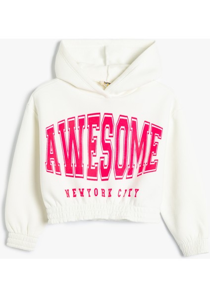 Kapşonlu Crop Sweatshirt Pamuklu Slogan Baskılı