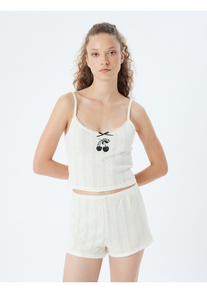 Askılı Crop Pijama Üstü Kiraz Baskılı Pamuklu modelleri