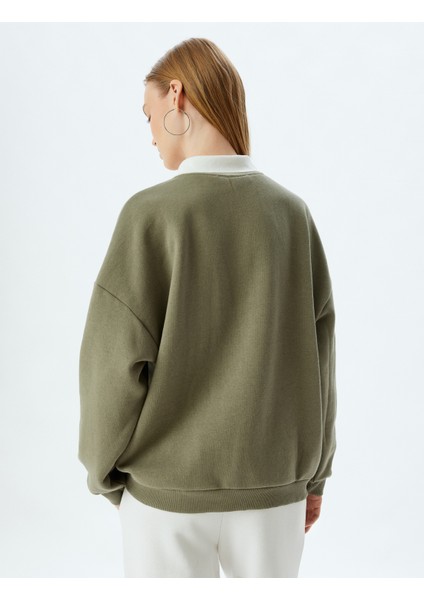 Polo Yaka Sweatshirt Oversize Slogan Baskılı Şardonlu fırsatları