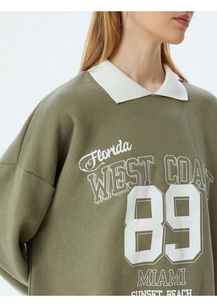 Polo Yaka Sweatshirt Oversize Slogan Baskılı Şardonlu indirimleri