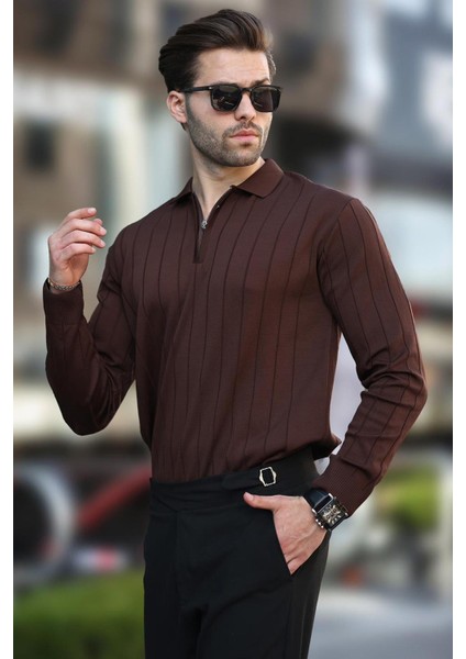 Kahverengi Polo Yaka Fermuarlı Örme Kazak 7242