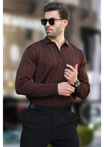 Kahverengi Polo Yaka Fermuarlı Örme Kazak 7242