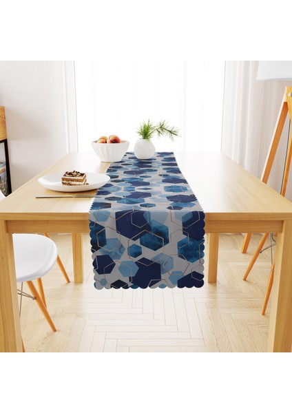 Geometrik Desenli Altıgen Beyaz Zemin Lacivert Mavi Runner 40x140