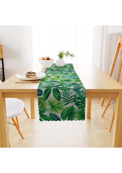 Tropikal Desenli Yeşil Yapraklı Runner 40x140