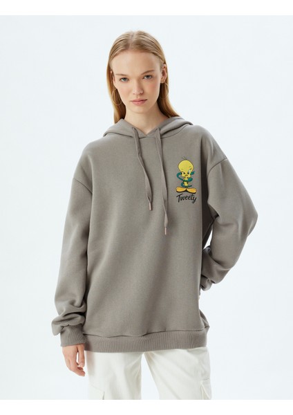 Tweety Oversize Sweatshirt Kapüşonlu Arkası Baskılı Lisanslı modelleri