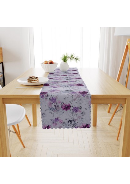 Çiçek Desenli Mürdüm Kadife Dokulu Runner 40x180