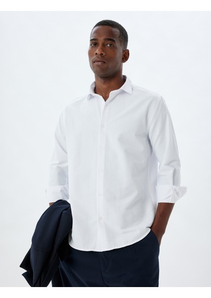 Yarım Italyan Yaka Gömlek Basic Uzun Kollu Pamuk Karışımlı