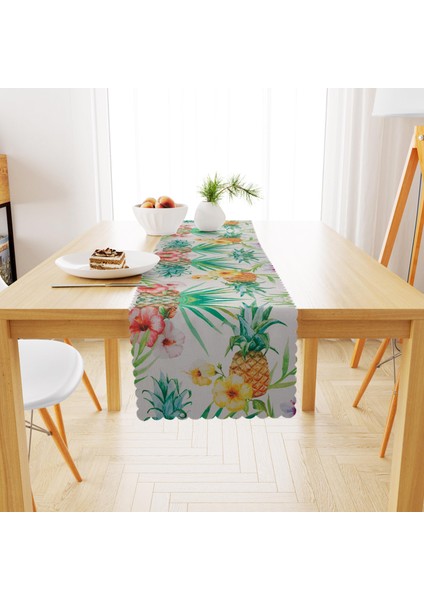 Tropikal Ananas Yaprak Desenli Beyaz Zemin Sarı Pembe Çiçekli Runner 40x140