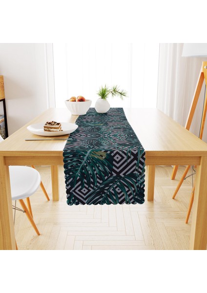 Tropikal Çiçek Desenli Siyah Beyaz Çizgili Runner 40x140