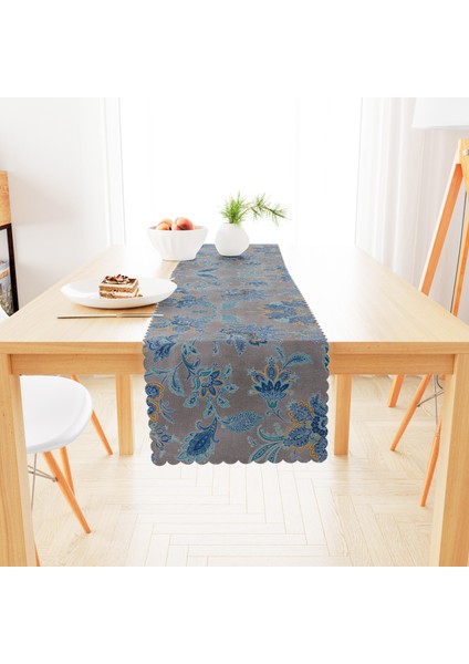 Renkli Desenli Koyu Vizon Zemin Mavi Turkuaz Runner 40x140