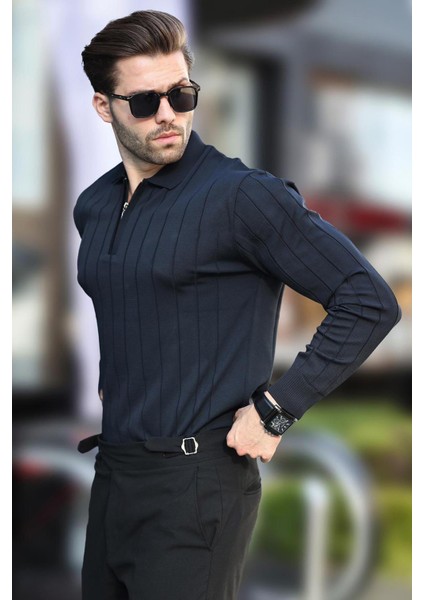 Lacivert Polo Yaka Fermuarlı Örme Kazak 7242