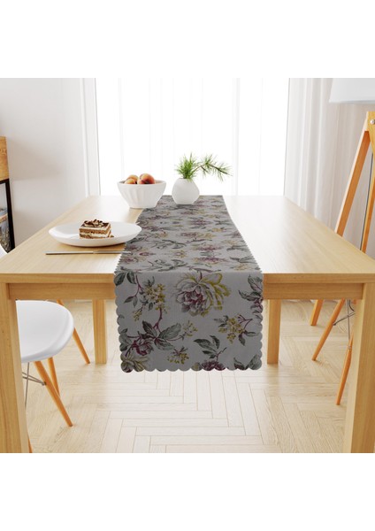 Çiçek Desenli Eskitme Yeşil Mürdüm Runner 40x140