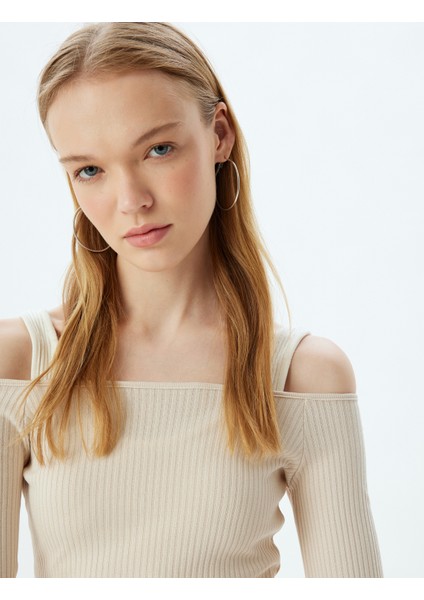 Uzun Kollu Tişört Crop Renk Bloklu Kalın Askılı Kayık Yaka