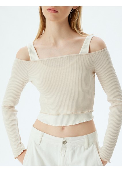 Uzun Kollu Tişört Crop Renk Bloklu Kalın Askılı Kayık Yaka indirimleri