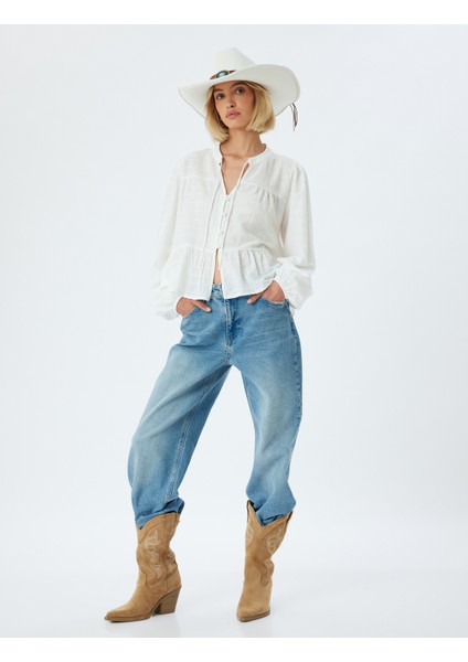 Bol Kot Pantolon Düz Uzun Paça Normal Bel Cepli Düğmeli Pamuklu Longer Straight Fit Jean