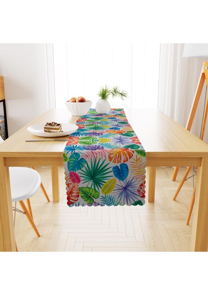 Tropikal Yaprak Desenli Siyah Beyaz Runner 40x140