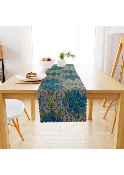 Damask Desenli Mavi Turkuaz Runner 40x140