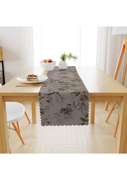 Sarmaşık Çiçek Desenli Vizon Zemin Yeşil Yaprak Runner 40x140