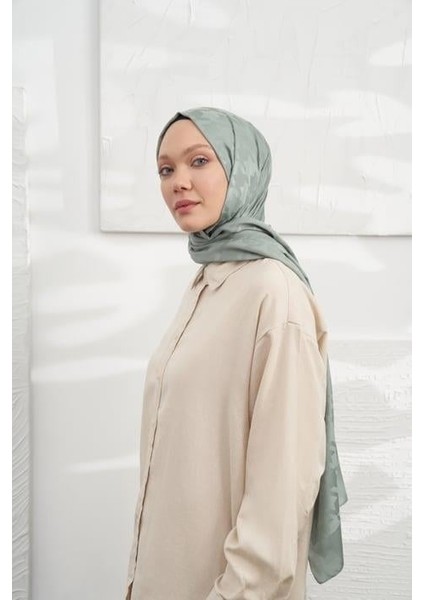 Jakarlı Şal - Kazayağı Desenli - Keten Yeşili