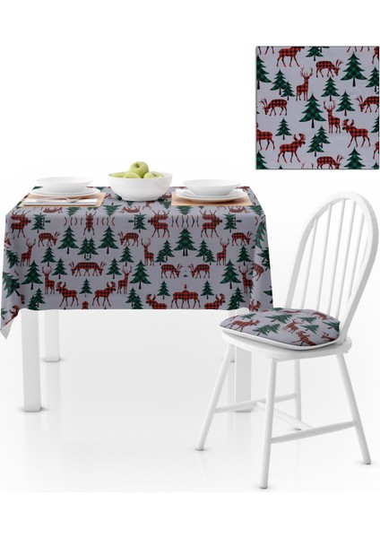 Yılbaşı Ağacı Geyik Desenli Beyaz Zemin Masa Örtüsü 140x140