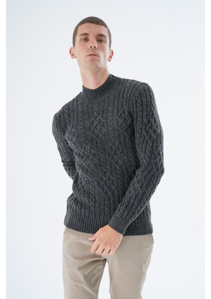 Erkek Antrasit Yarım Balıkçı Fitilli Yürütme Saç Örgülü Yün Triko Örme Kazak TRIST-5343