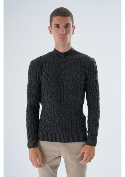 Erkek Antrasit Yarım Balıkçı Fitilli Yürütme Saç Örgülü Yün Triko Örme Kazak TRIST-5343 fiyatları