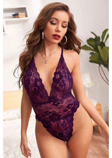 Sırtı Ip Detaylı Dantelli Bodysuit Mor - 3055.1364.